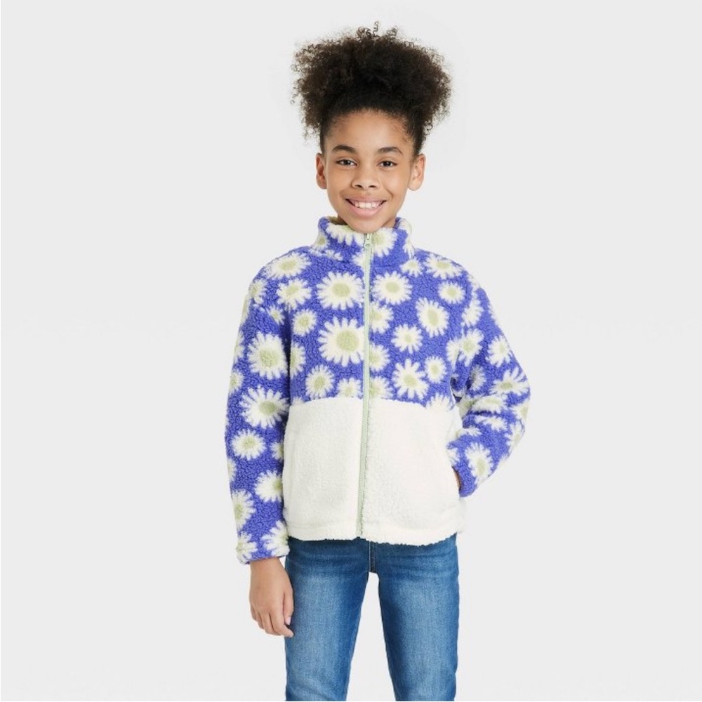 Floral Daisy Print Zip-Up Faux Fur Sherpa Jacket